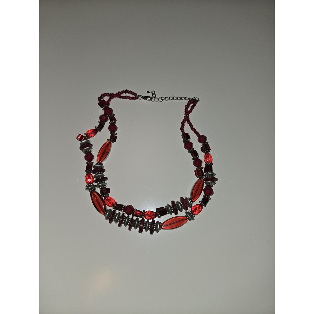 Red Multi-Strand Glass Beaded Statement Necklace Silver Tone Lobster 19" - Picture 2 of 6